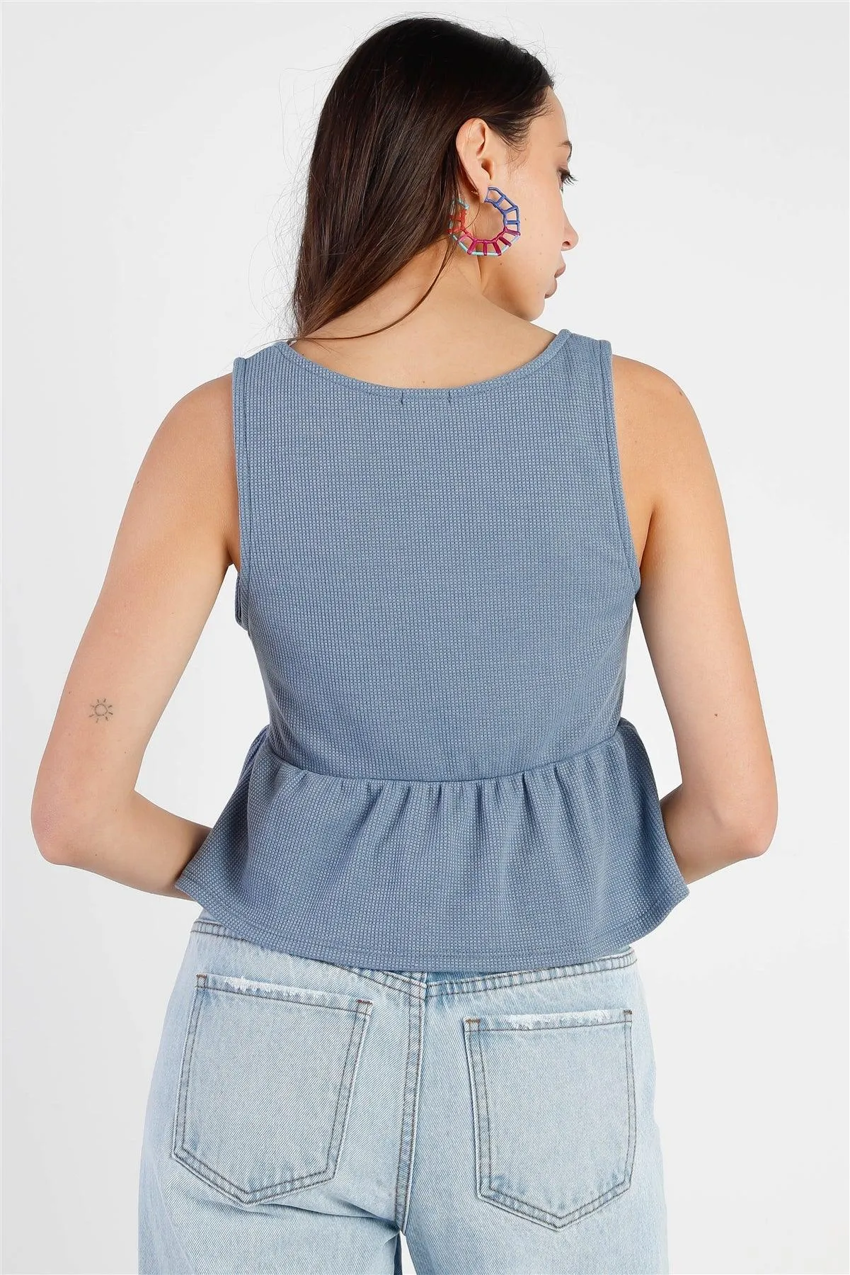 Dusty Blue Waffle Knit Ruffle Hem V-Neck Sleeveless Top /3-4