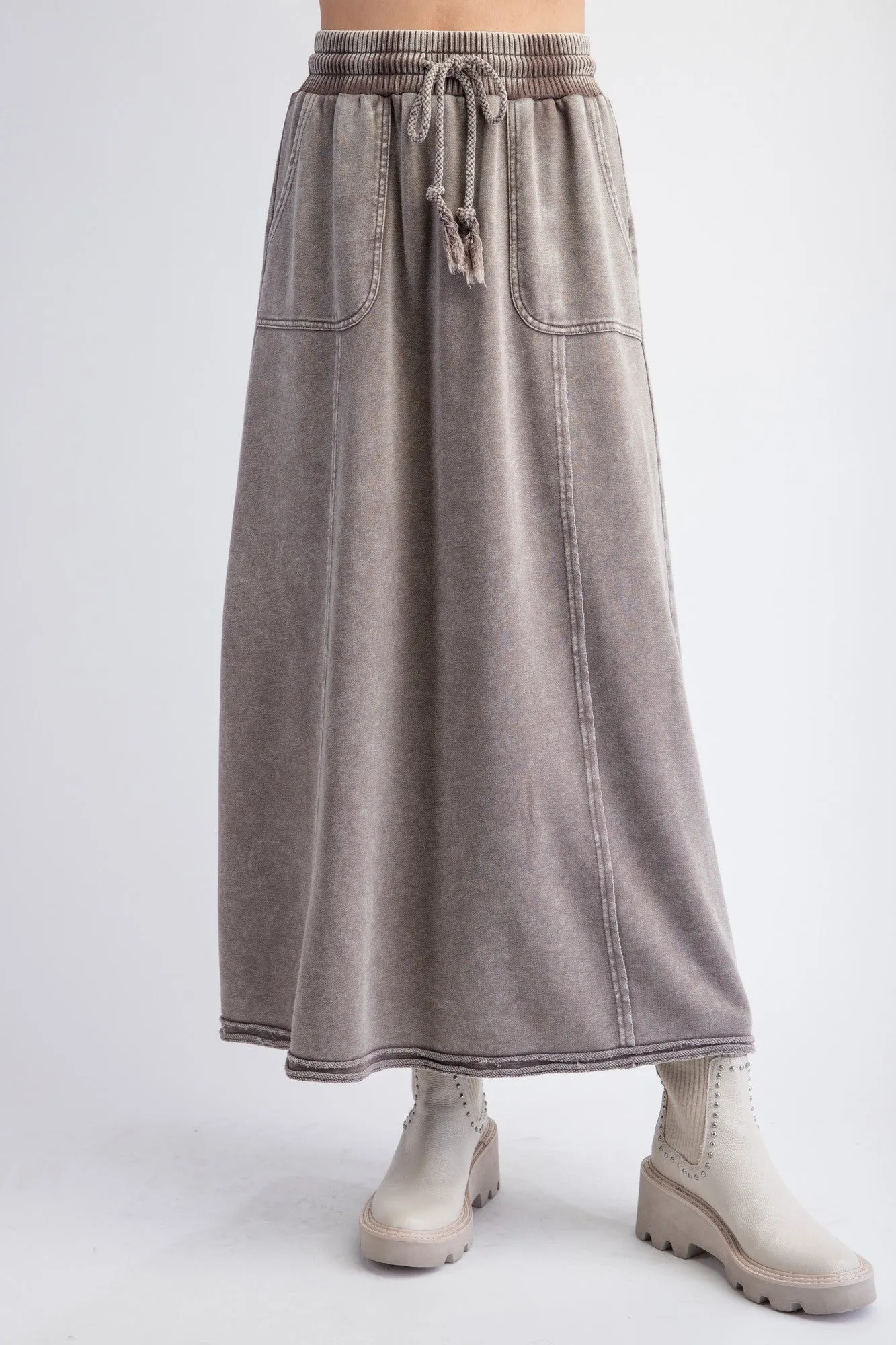 Easel Terry Knit Maxi Skirt in Mocha