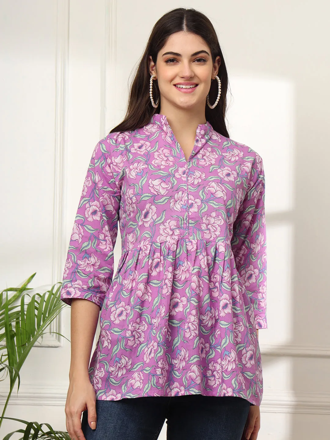 Ekisha's women purple multicolor designer floral printed cotton tunic top short kurti