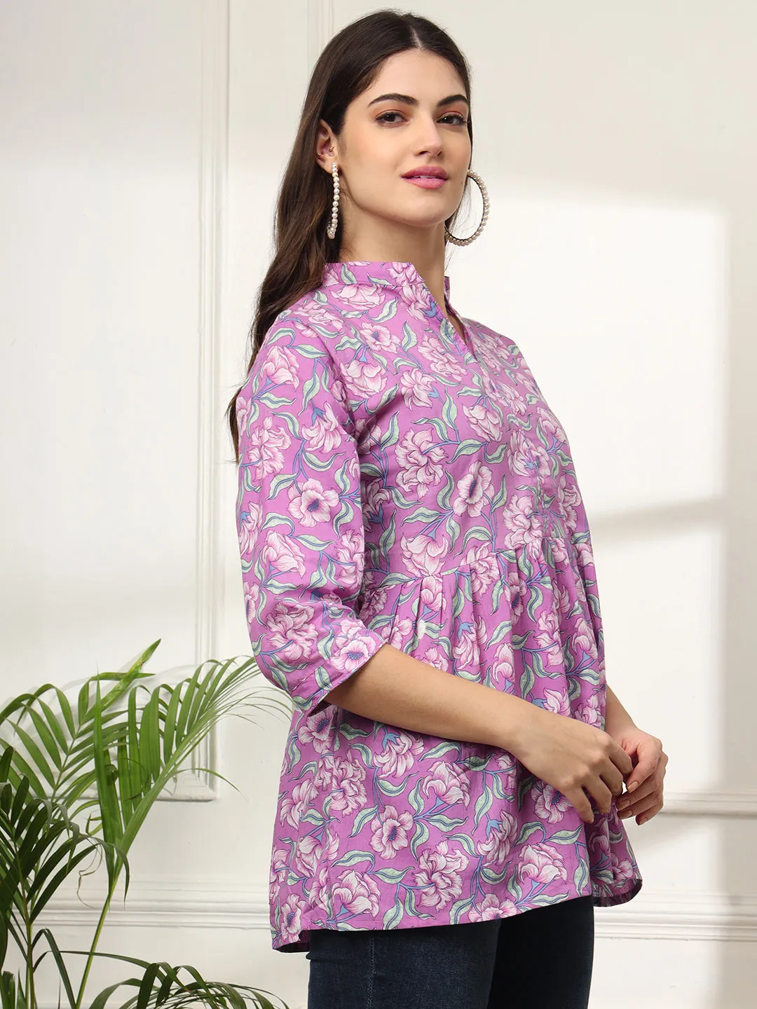 Ekisha's women purple multicolor designer floral printed cotton tunic top short kurti