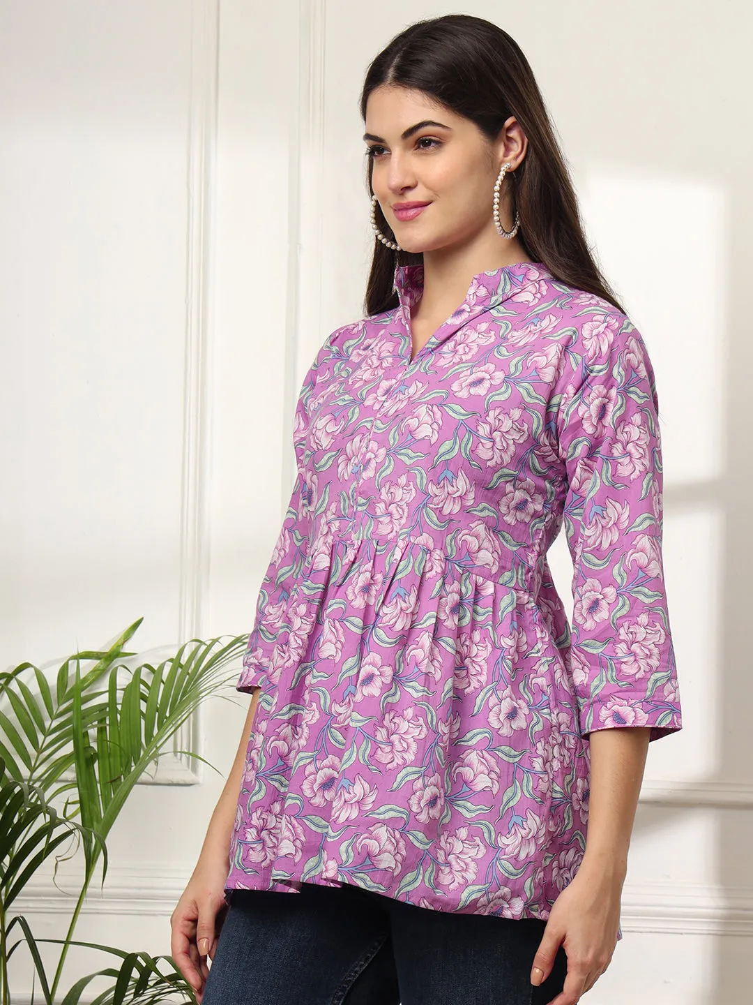 Ekisha's women purple multicolor designer floral printed cotton tunic top short kurti