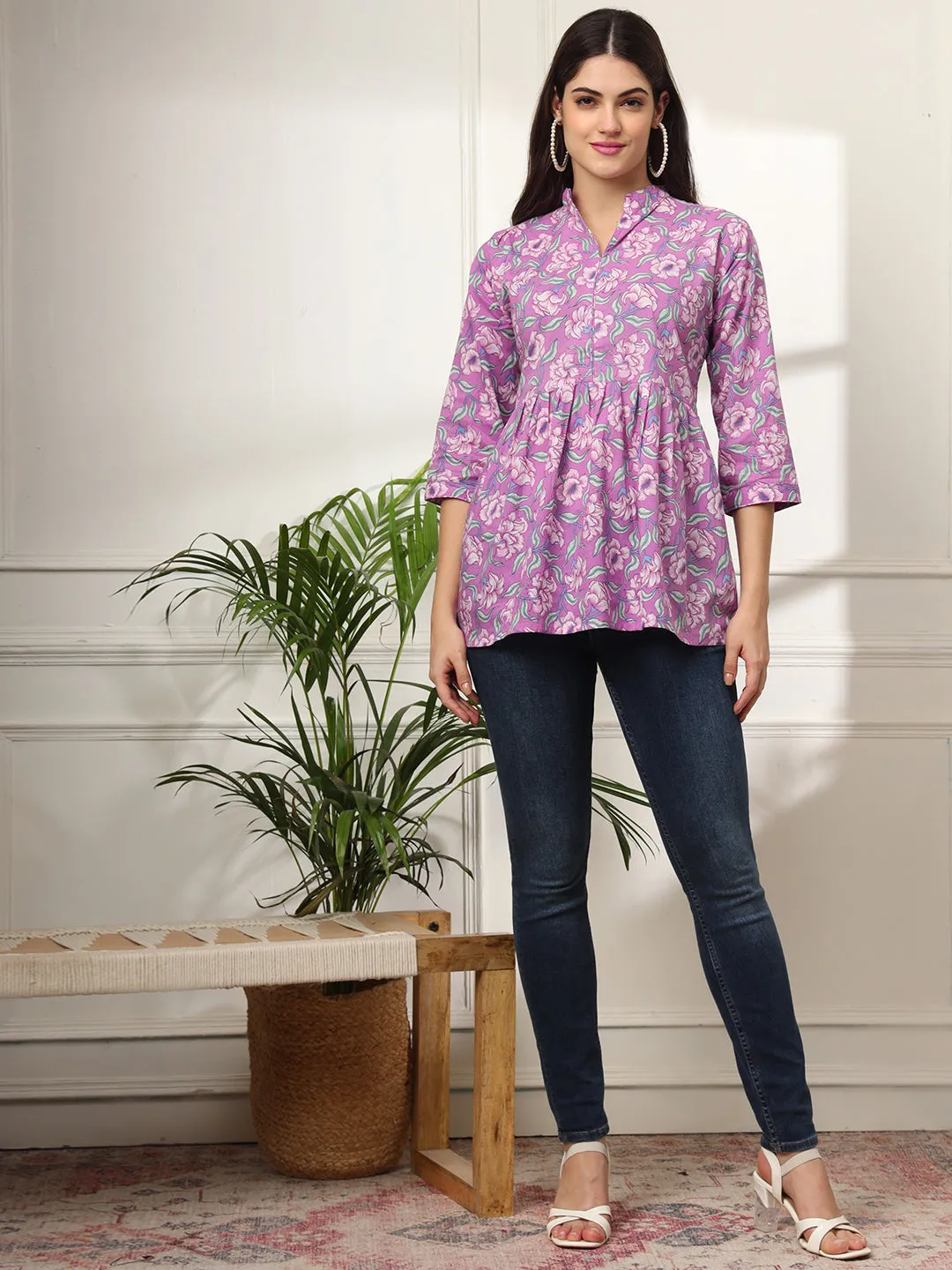 Ekisha's women purple multicolor designer floral printed cotton tunic top short kurti