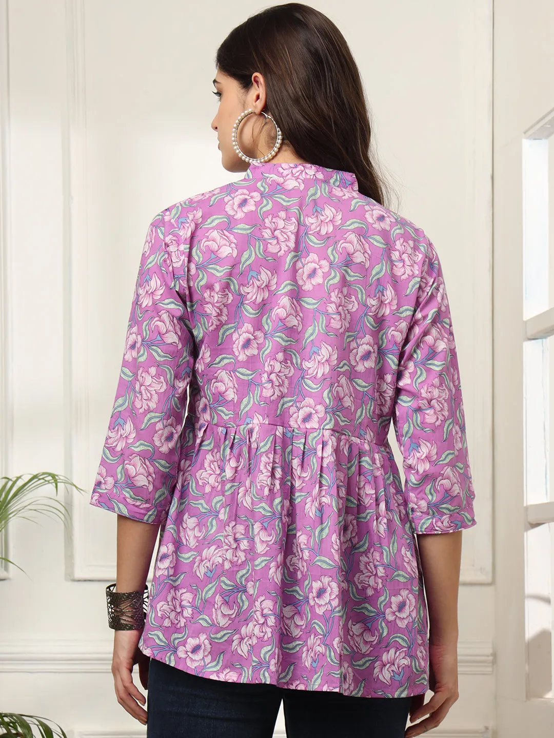 Ekisha's women purple multicolor designer floral printed cotton tunic top short kurti