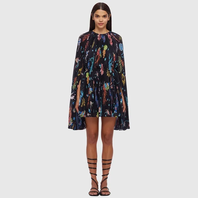 Evelyn Bell Sleeve Mini Dress - Twilight Print in Black