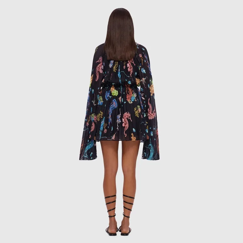 Evelyn Bell Sleeve Mini Dress - Twilight Print in Black