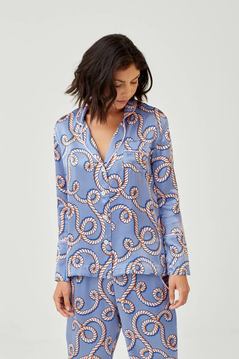 Evie Pale Blue Rope Print Silk Pyjama Shirt