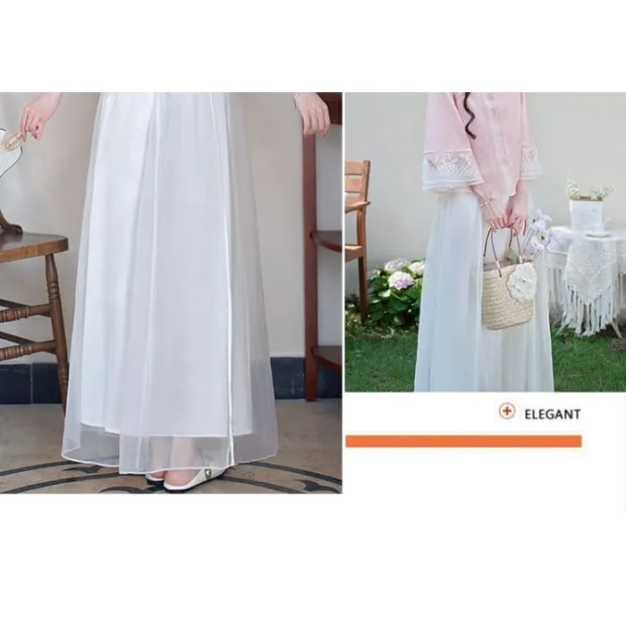 Flared-Sleeve Flower Embroidered Blouse / High Rise Plain Maxi A-Line Skirt