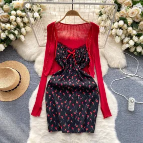 Floral Slip Dress&Red Cardigan 2Pcs