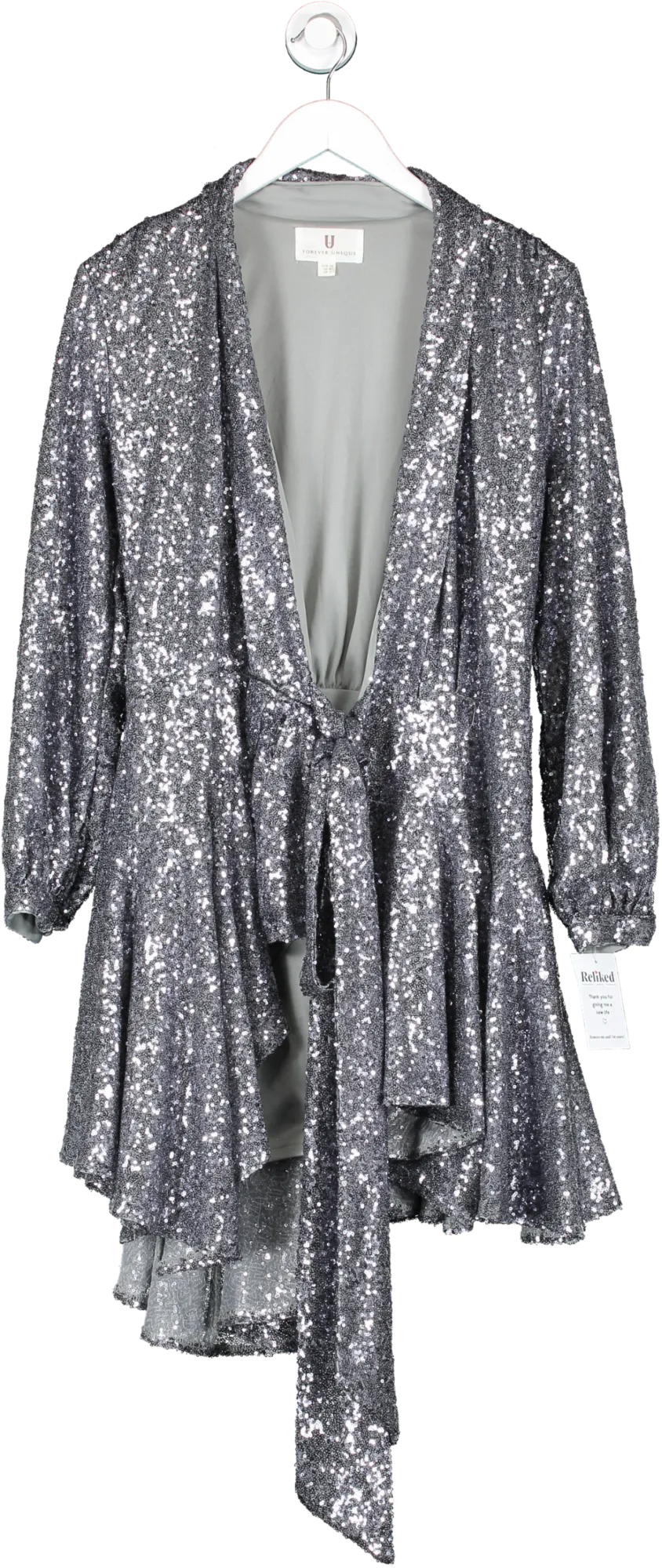 Forever Unique Grey Sequin Wrap Dress UK 8