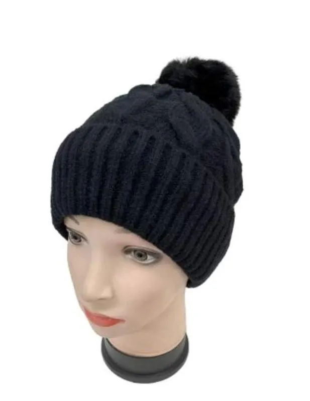 Fur Lining Hats With Pom Pom Beanie Women's Big Girls Cable Design Hat