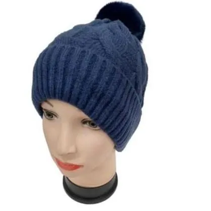 Fur Lining Hats With Pom Pom Beanie Women's Big Girls Cable Design Hat