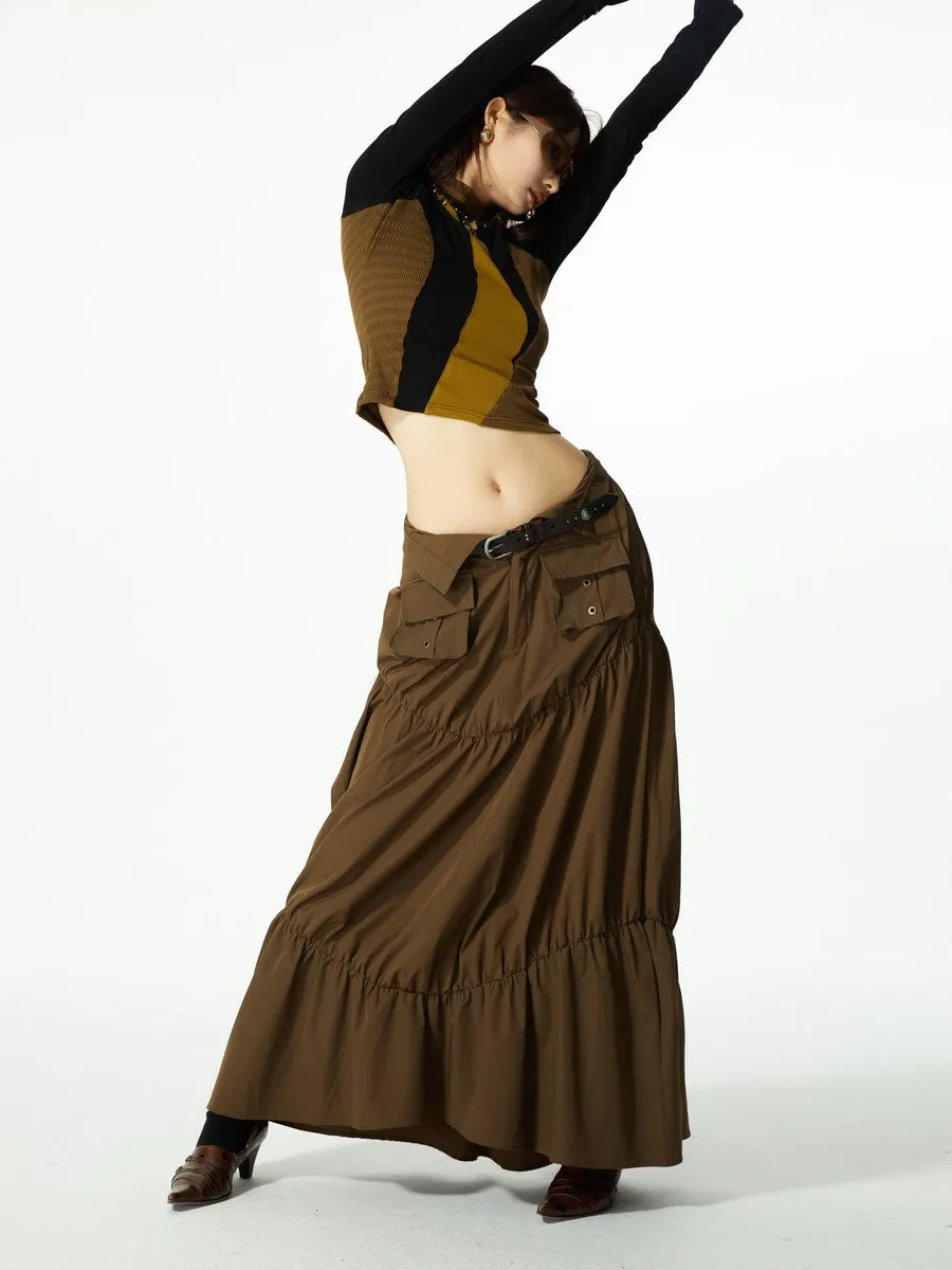 Gather Tiered Flare Plain Nichi Wrap-Waist Long-Skirt