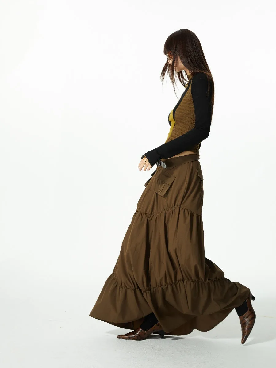 Gather Tiered Flare Plain Nichi Wrap-Waist Long-Skirt