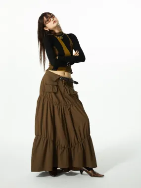 Gather Tiered Flare Plain Nichi Wrap-Waist Long-Skirt