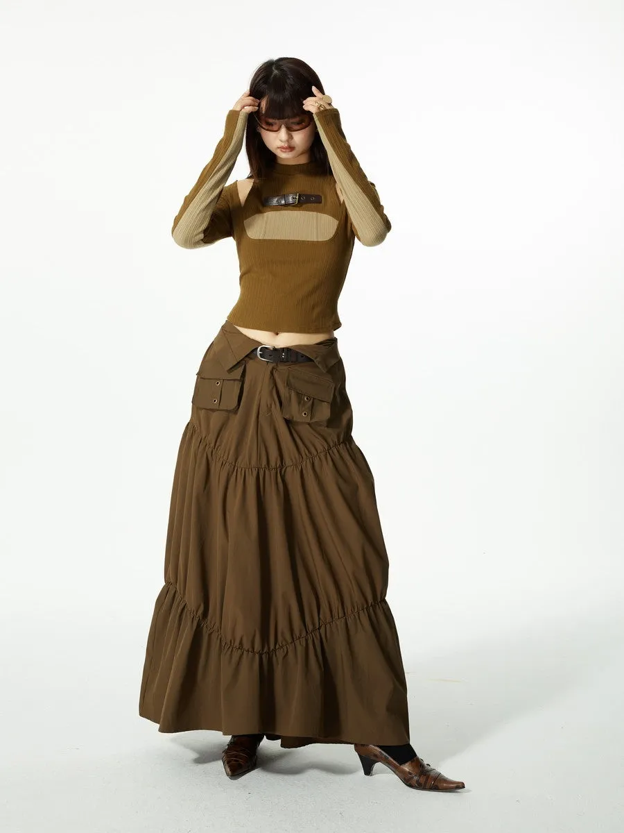 Gather Tiered Flare Plain Nichi Wrap-Waist Long-Skirt