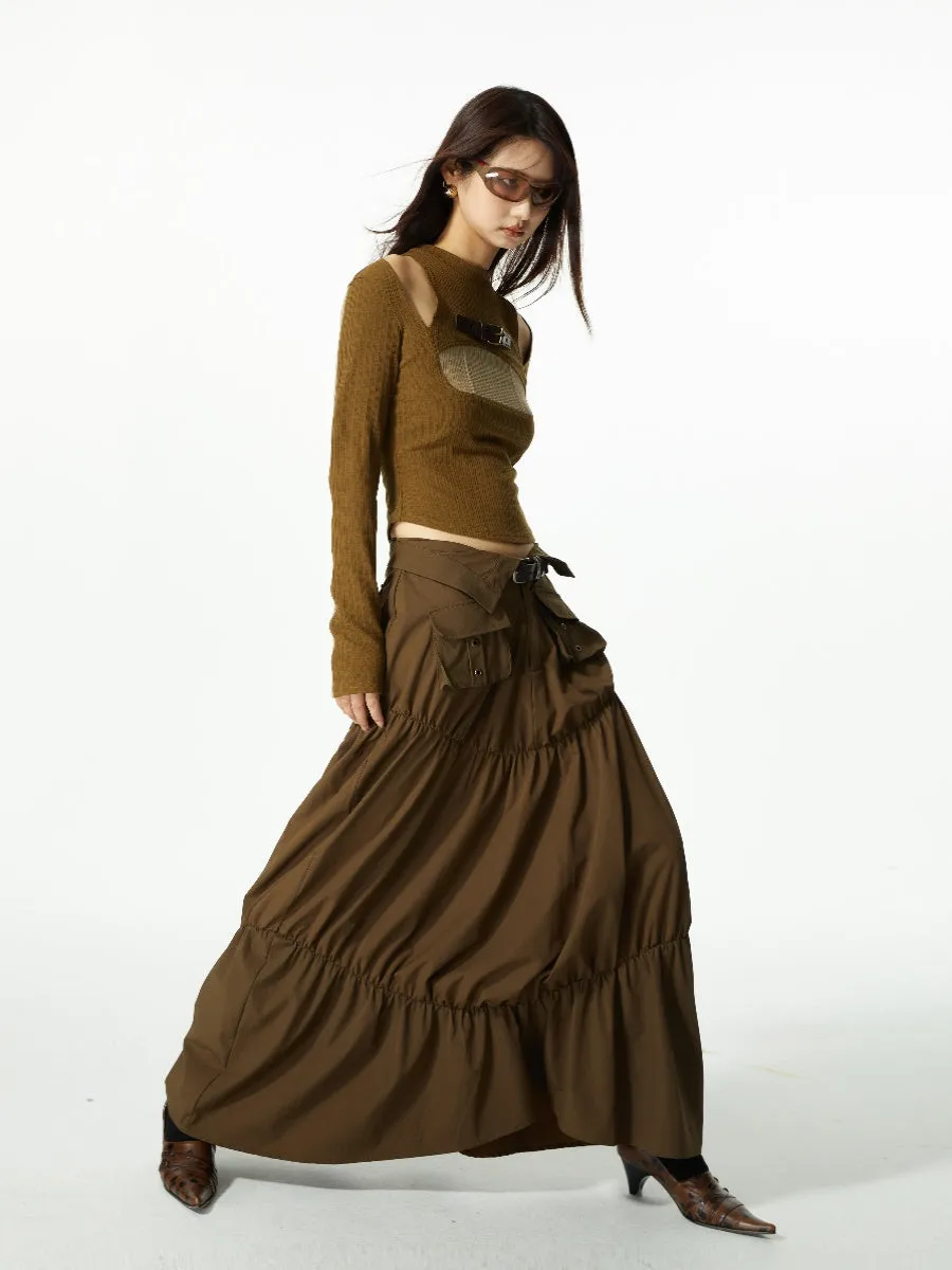 Gather Tiered Flare Plain Nichi Wrap-Waist Long-Skirt