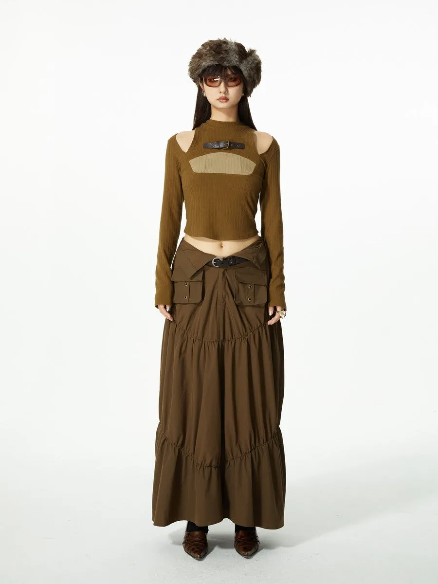 Gather Tiered Flare Plain Nichi Wrap-Waist Long-Skirt