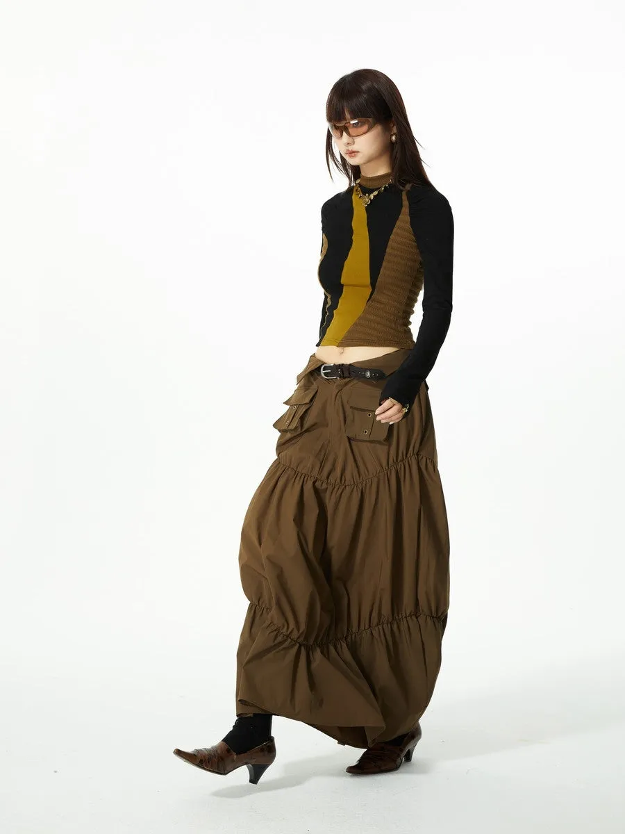 Gather Tiered Flare Plain Nichi Wrap-Waist Long-Skirt