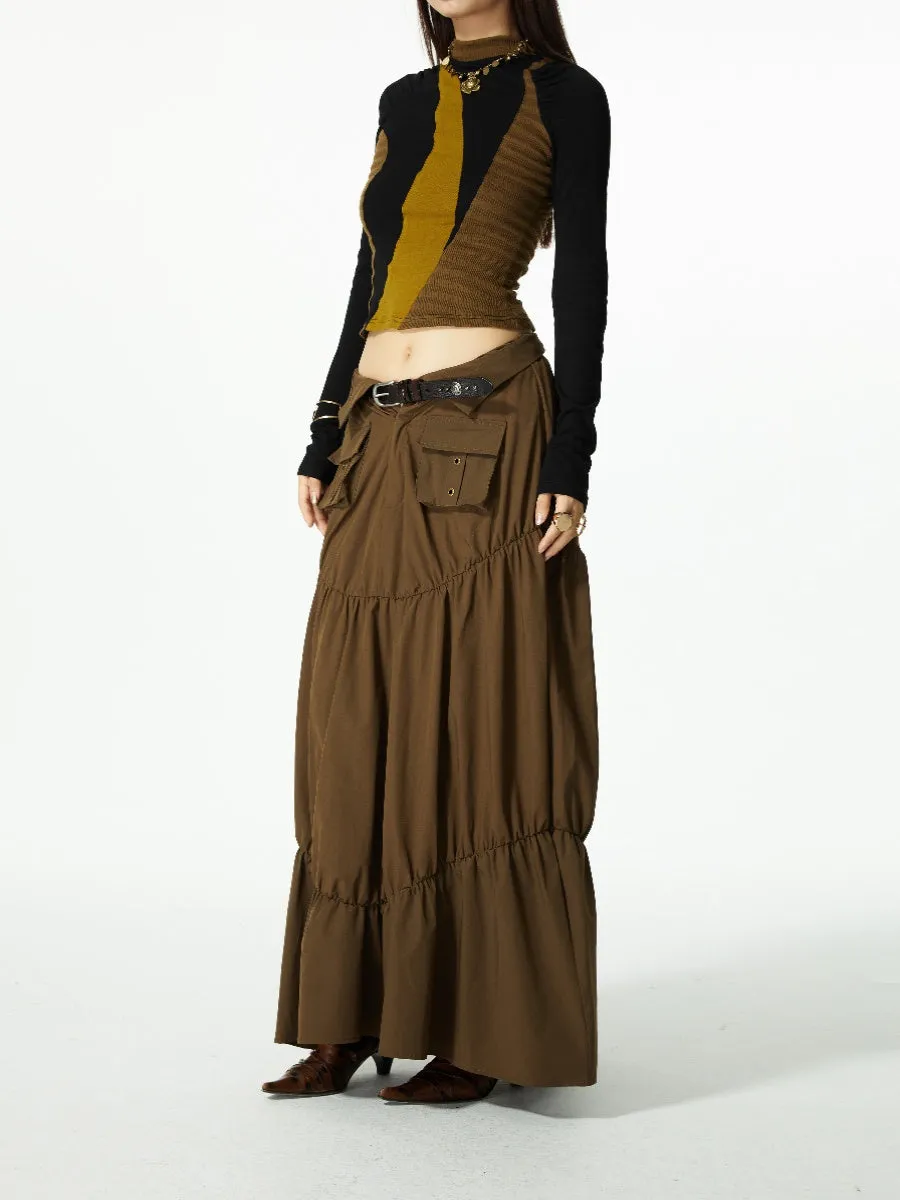 Gather Tiered Flare Plain Nichi Wrap-Waist Long-Skirt