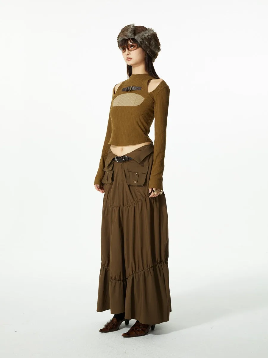 Gather Tiered Flare Plain Nichi Wrap-Waist Long-Skirt