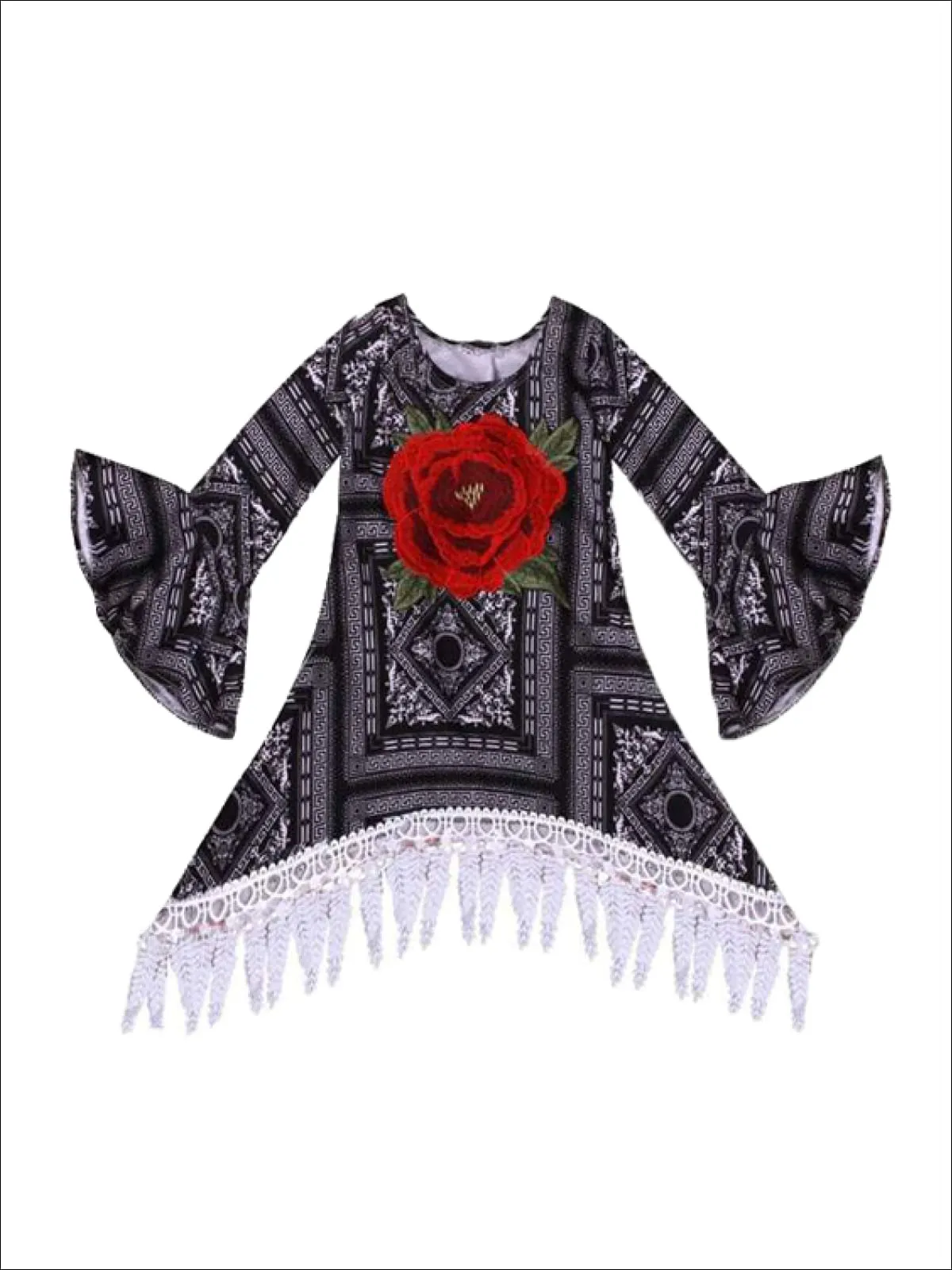 Girls Black And Creme Geometric Print Bell Sleeve Leaf Crochet Fringe Tunic with Rose Applique