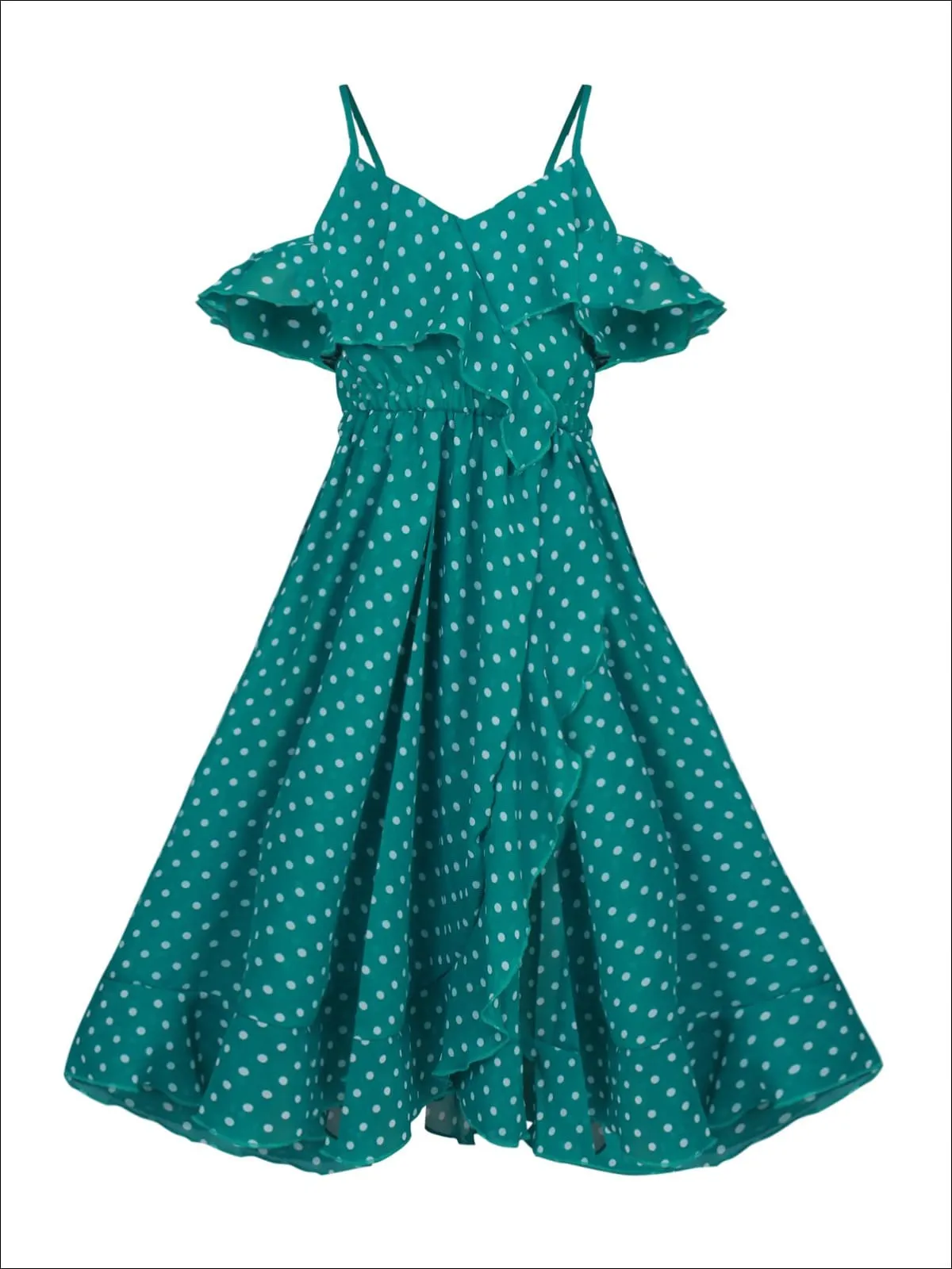 Girls Faux Wrap Polka Dot Off the Shoulder Ruffled Dress