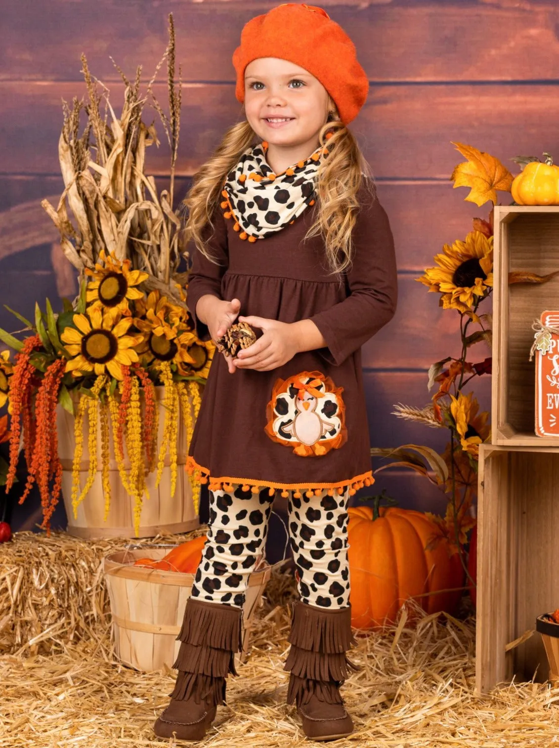 Girls Turkey Applique Long Sleeve Pom Pom Hem Tunic, Animal Print Leggings and Scarf Set