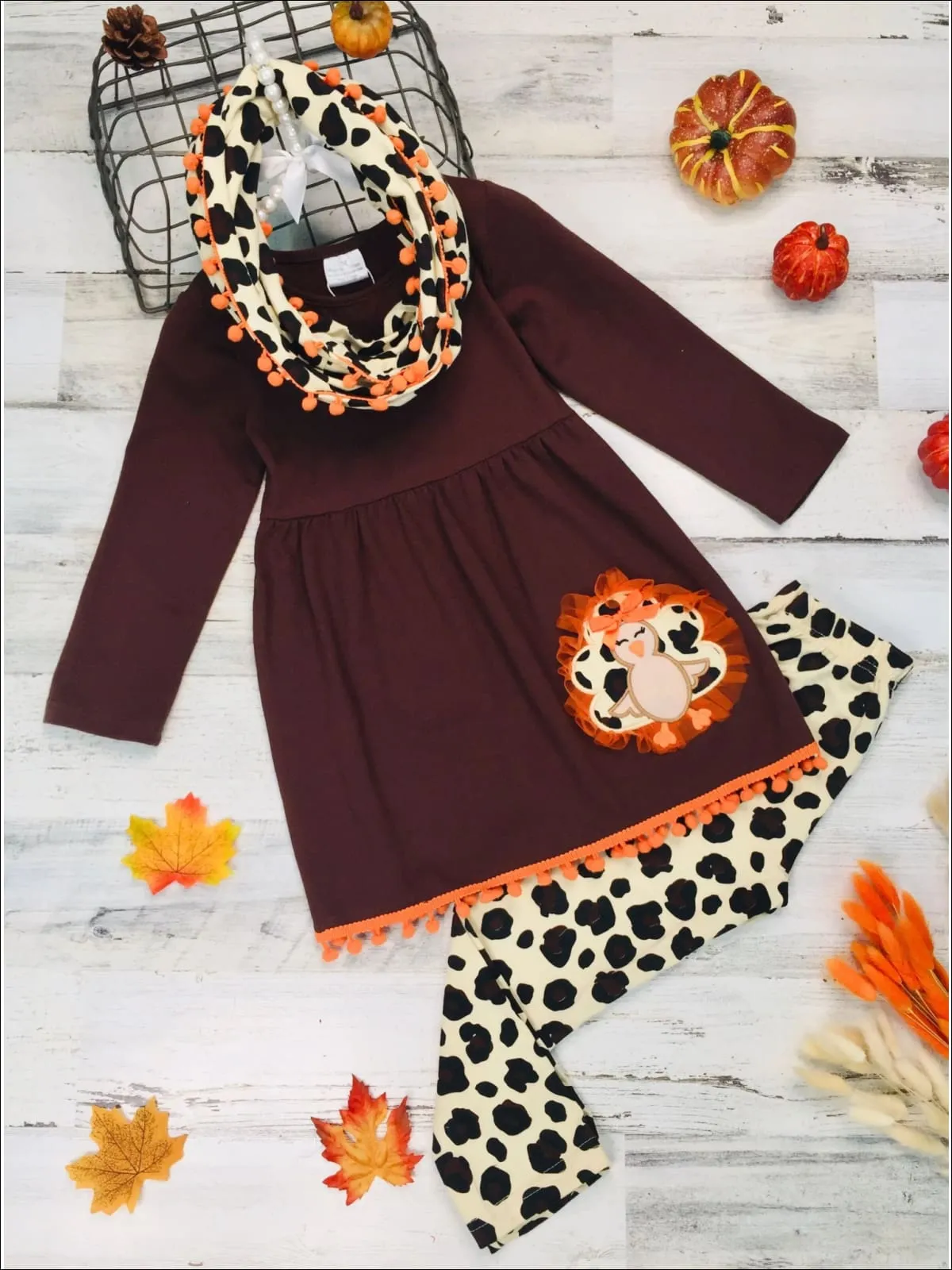 Girls Turkey Applique Long Sleeve Pom Pom Hem Tunic, Animal Print Leggings and Scarf Set