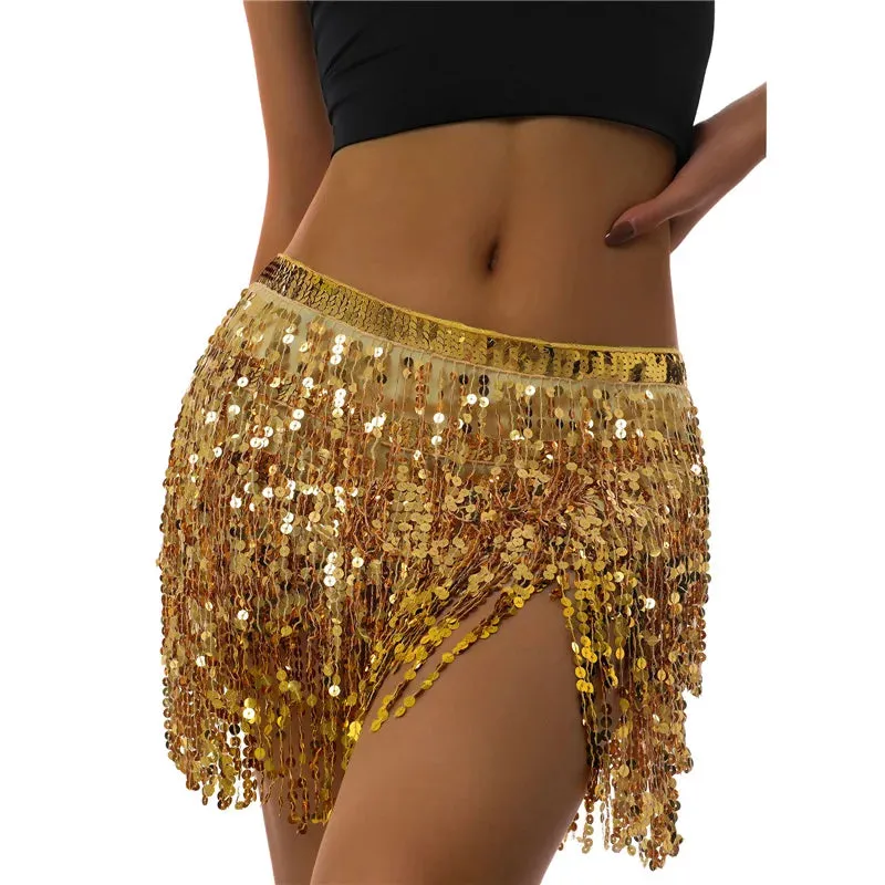 Glitter Tassel Fringe Sequined Metallic Adjustable Waist Dancer/Performance Skirt/Salsa Mini Skirt