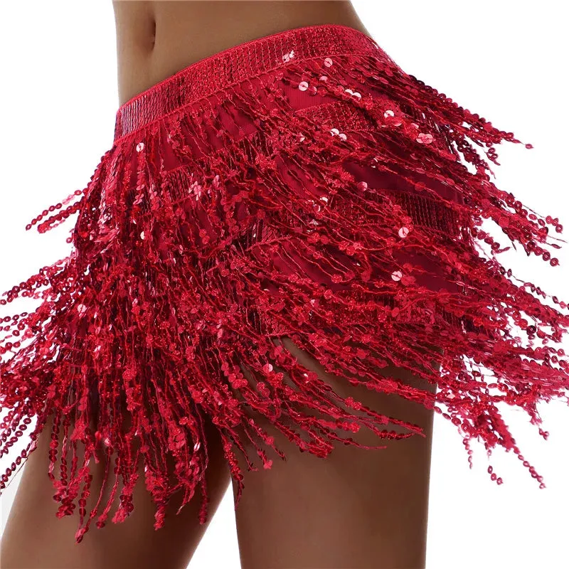 Glitter Tassel Fringe Sequined Metallic Adjustable Waist Dancer/Performance Skirt/Salsa Mini Skirt