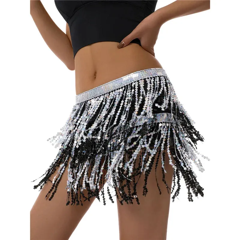 Glitter Tassel Fringe Sequined Metallic Adjustable Waist Dancer/Performance Skirt/Salsa Mini Skirt