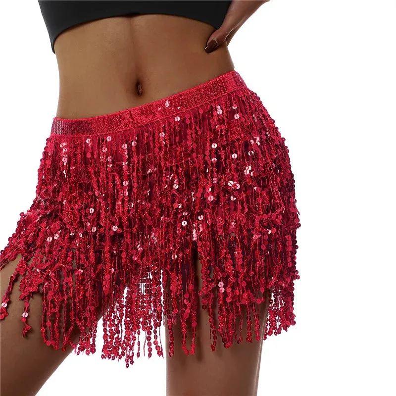 Glitter Tassel Fringe Sequined Metallic Adjustable Waist Dancer/Performance Skirt/Salsa Mini Skirt