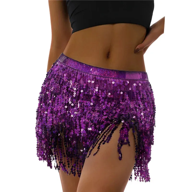 Glitter Tassel Fringe Sequined Metallic Adjustable Waist Dancer/Performance Skirt/Salsa Mini Skirt