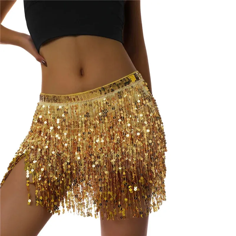 Glitter Tassel Fringe Sequined Metallic Adjustable Waist Dancer/Performance Skirt/Salsa Mini Skirt