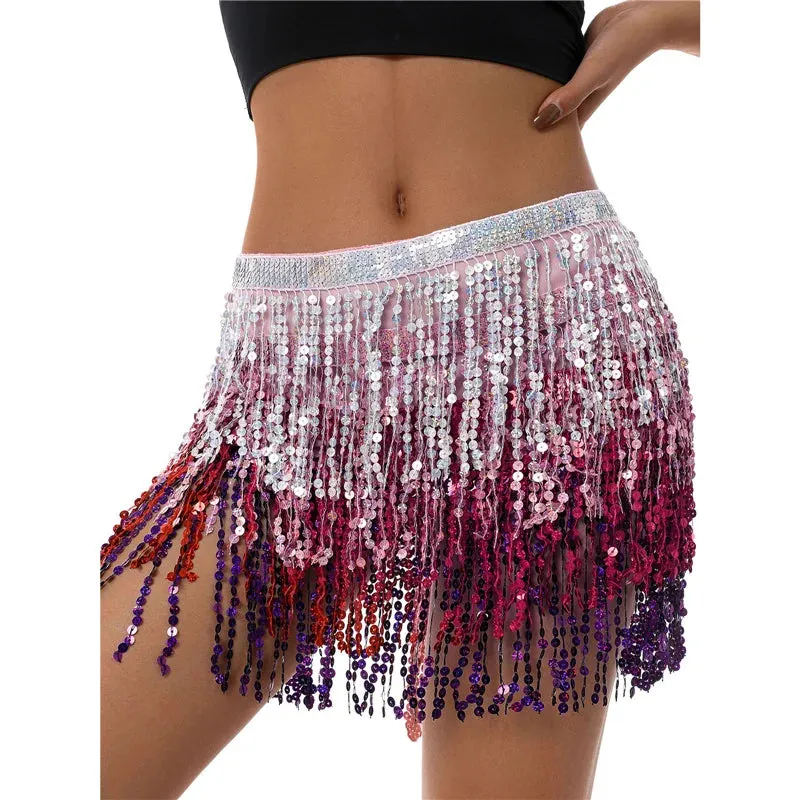 Glitter Tassel Fringe Sequined Metallic Adjustable Waist Dancer/Performance Skirt/Salsa Mini Skirt