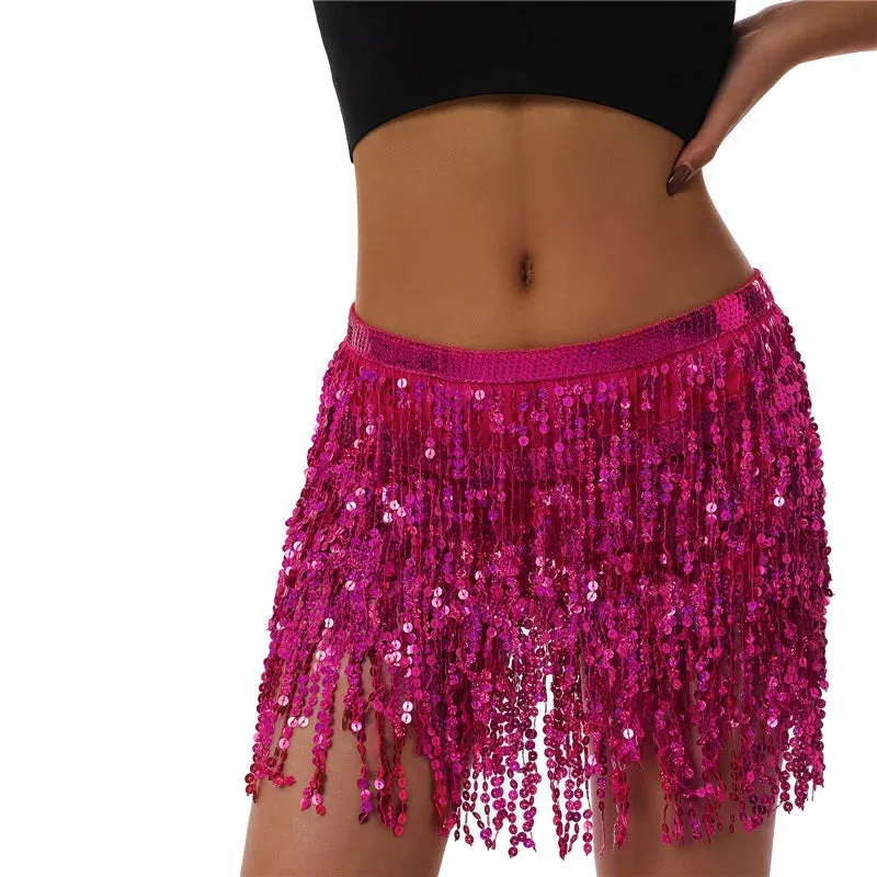 Glitter Tassel Fringe Sequined Metallic Adjustable Waist Dancer/Performance Skirt/Salsa Mini Skirt