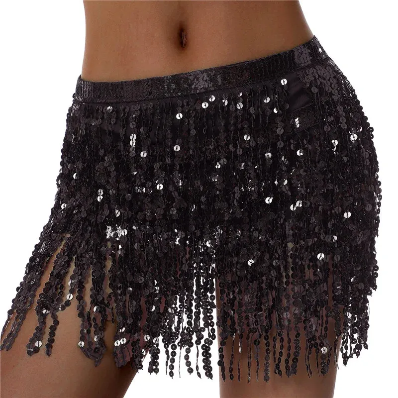 Glitter Tassel Fringe Sequined Metallic Adjustable Waist Dancer/Performance Skirt/Salsa Mini Skirt