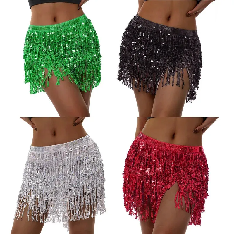 Glitter Tassel Fringe Sequined Metallic Adjustable Waist Dancer/Performance Skirt/Salsa Mini Skirt