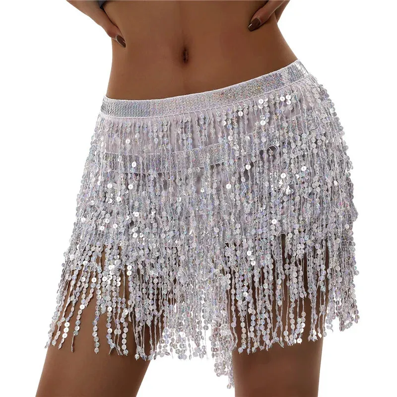 Glitter Tassel Fringe Sequined Metallic Adjustable Waist Dancer/Performance Skirt/Salsa Mini Skirt