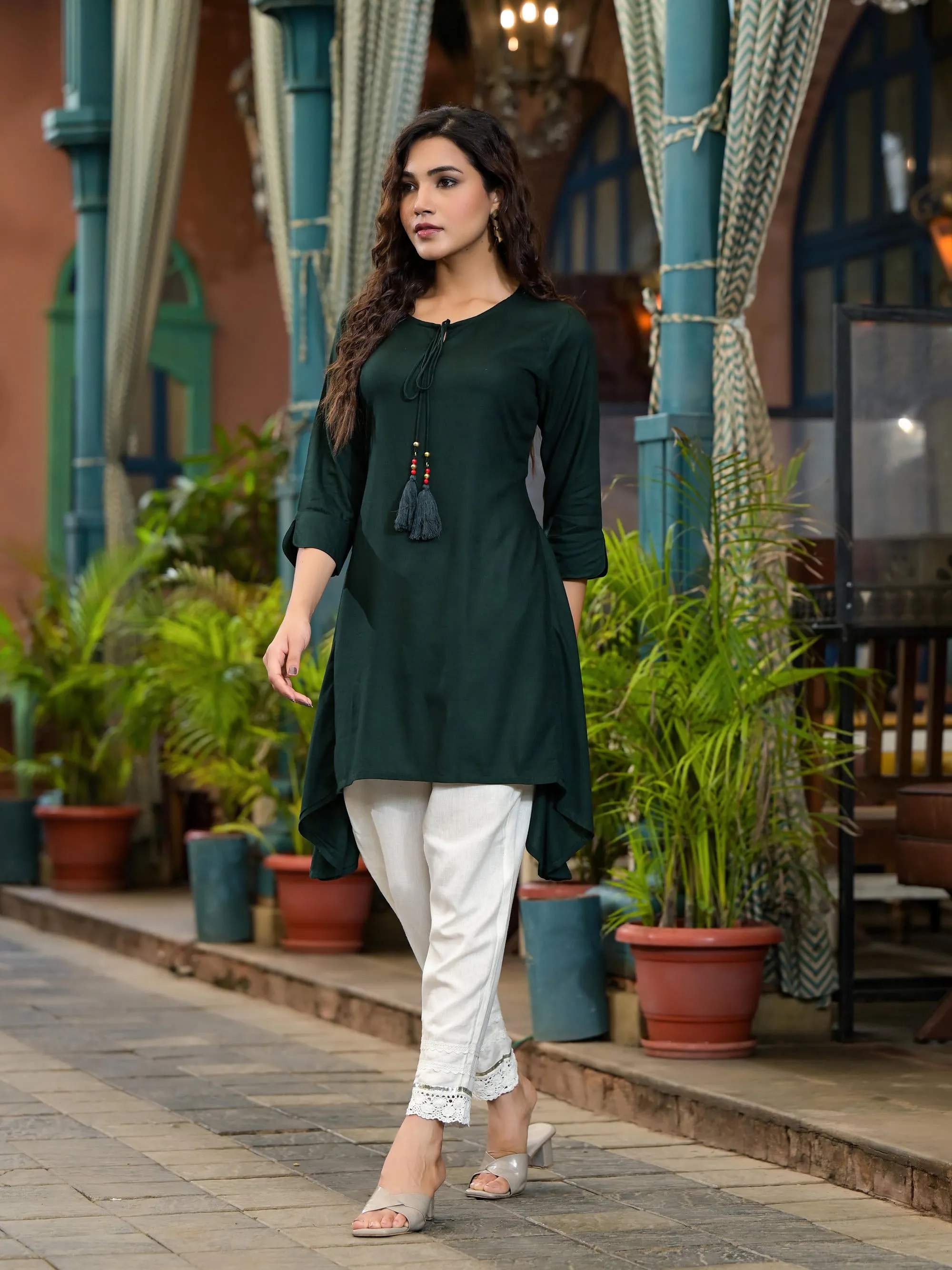 Green Liva Rayon Slub Tunic With Beads & Doris