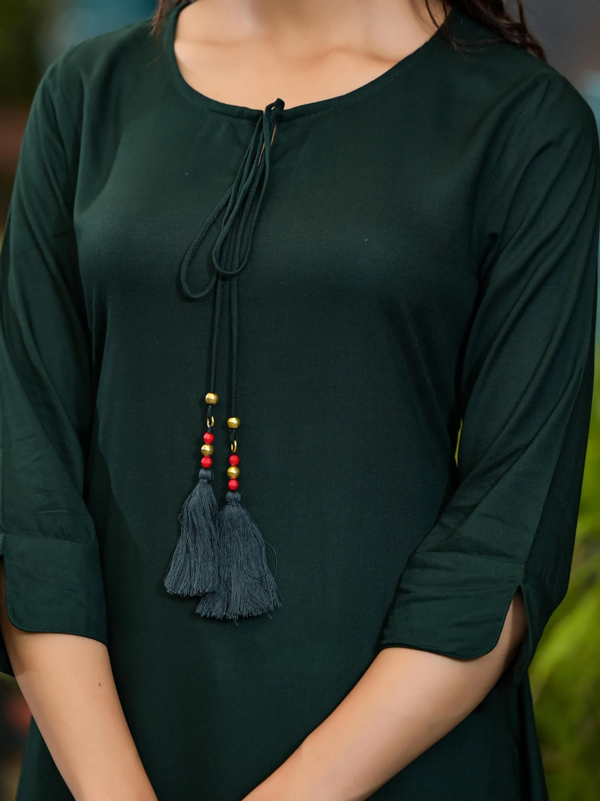 Green Liva Rayon Slub Tunic With Beads & Doris