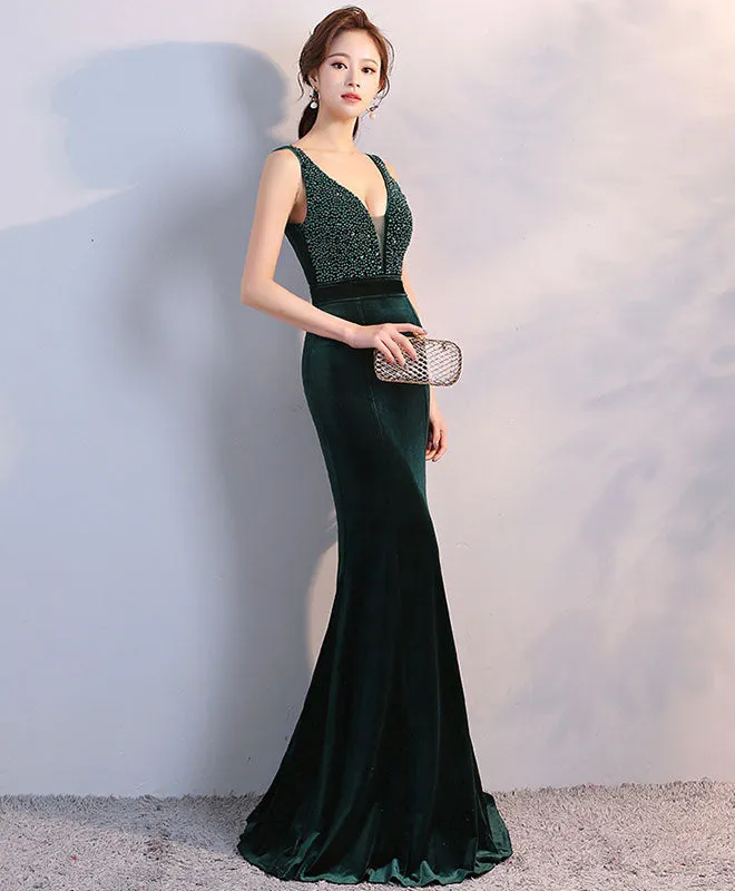 Green V Neck Velvet Long Prom Dress, Mermaid Evening Dress