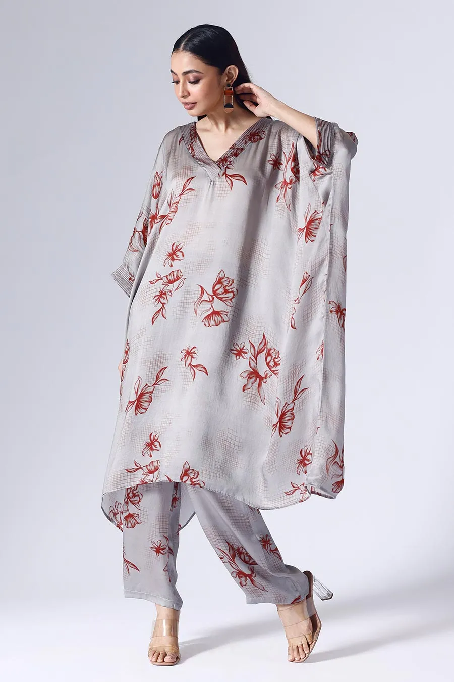 Grey Floral Grid Long Kaftan Set