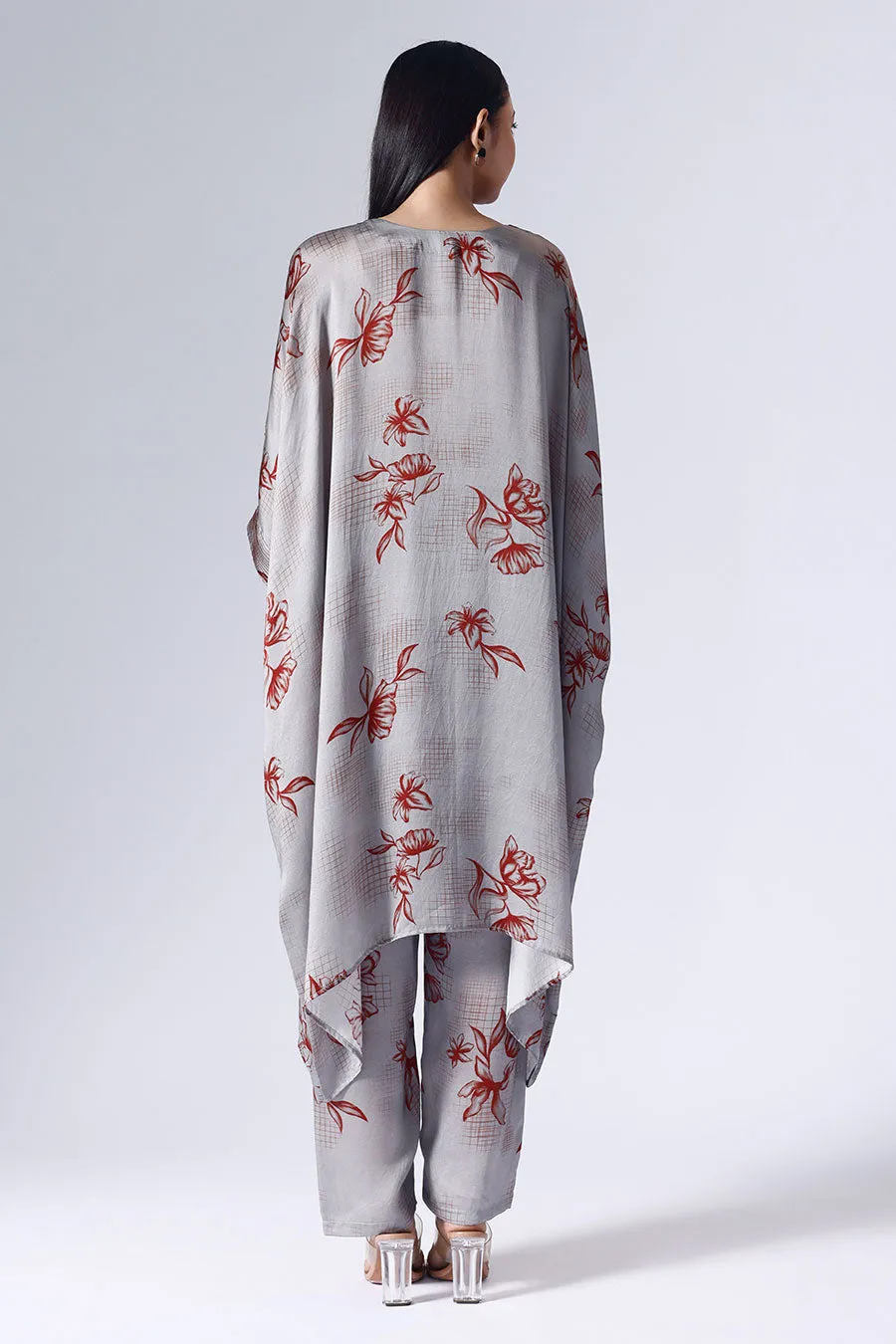 Grey Floral Grid Long Kaftan Set