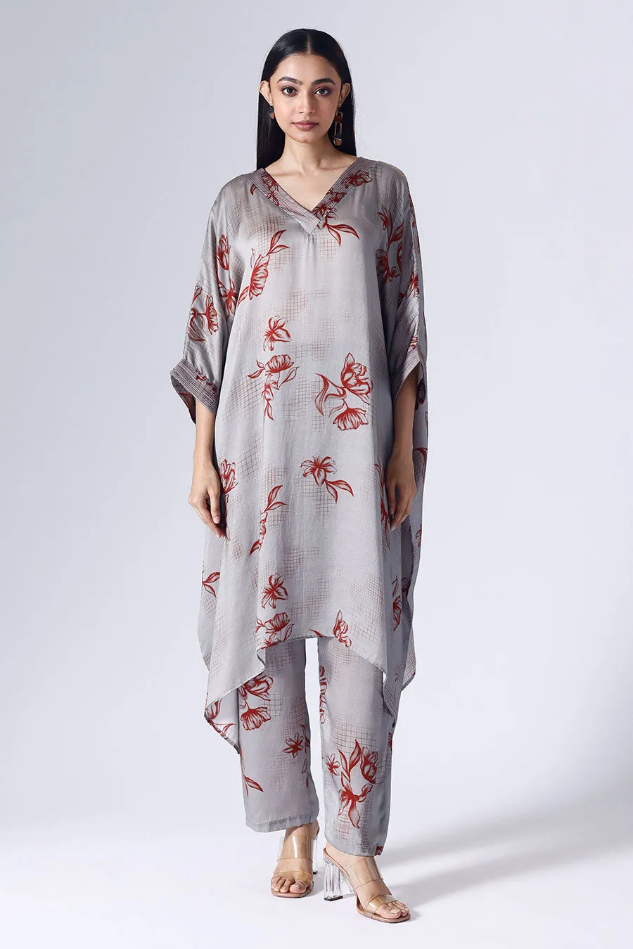 Grey Floral Grid Long Kaftan Set