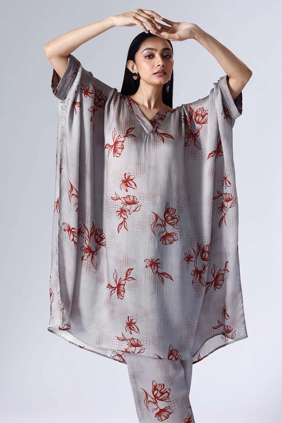 Grey Floral Grid Long Kaftan Set