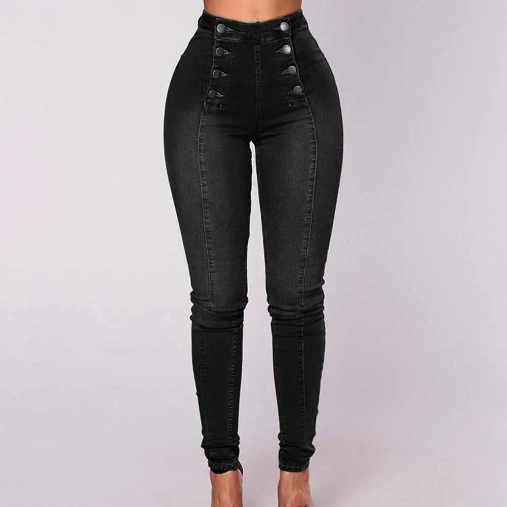 High Waist Buttons Decoration Shaping Women Jeans Pockets Push Up Fashion Skinny Double-breasted Pencil Jeans Streetwear