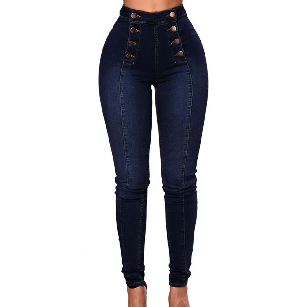 High Waist Buttons Decoration Shaping Women Jeans Pockets Push Up Fashion Skinny Double-breasted Pencil Jeans Streetwear