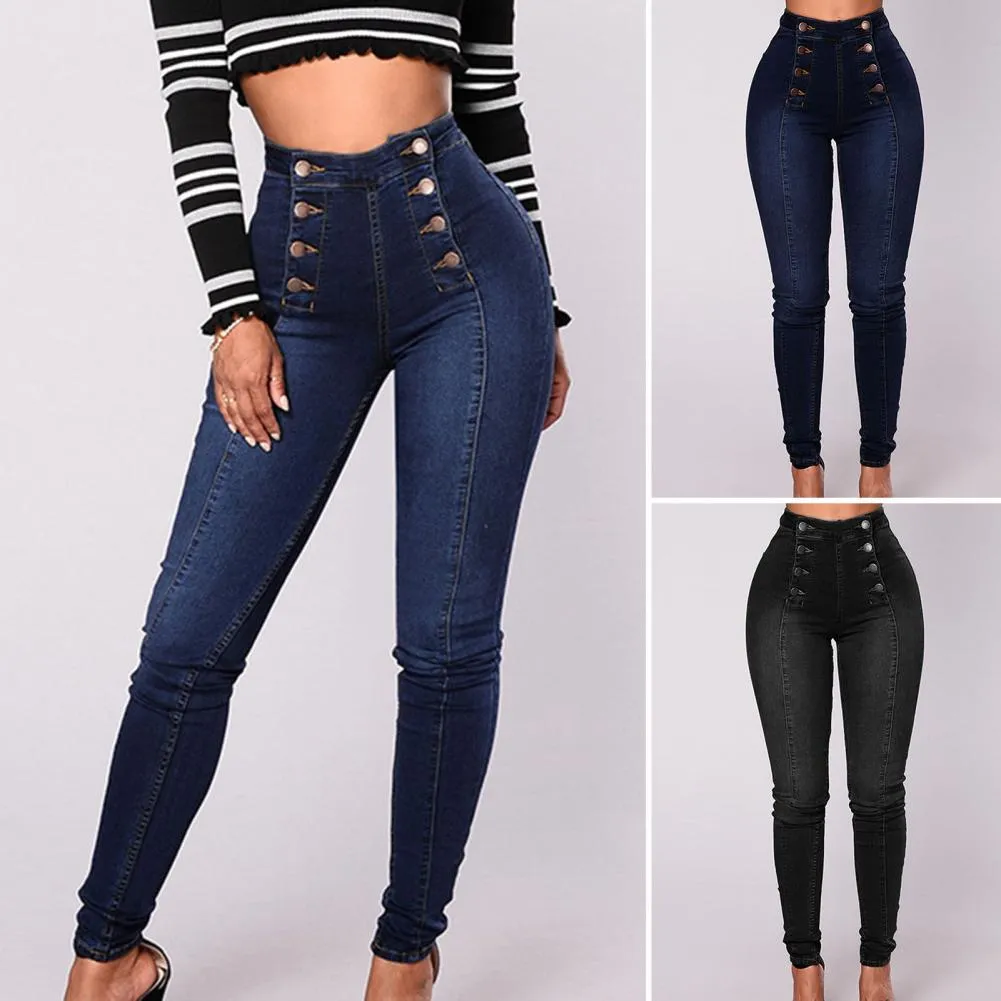 High Waist Buttons Decoration Shaping Women Jeans Pockets Push Up Fashion Skinny Double-breasted Pencil Jeans Streetwear