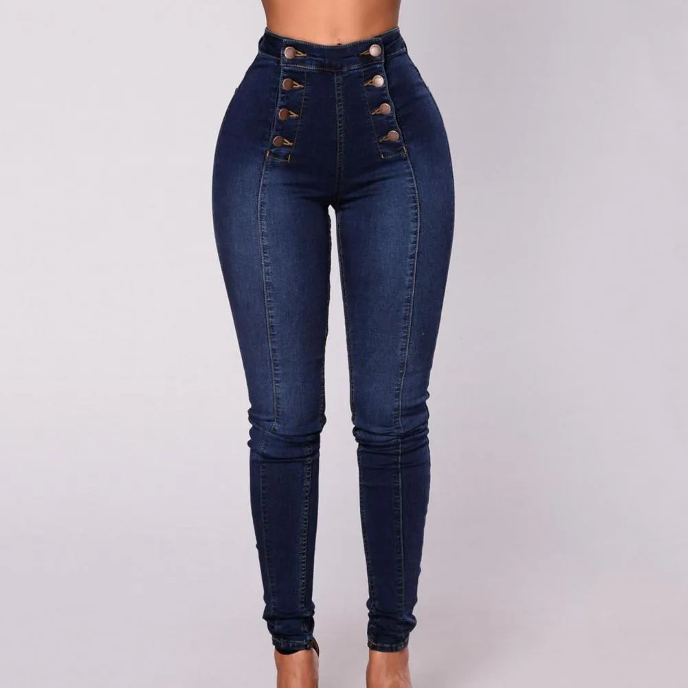 High Waist Buttons Decoration Shaping Women Jeans Pockets Push Up Fashion Skinny Double-breasted Pencil Jeans Streetwear